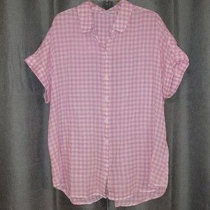 Beach Lunch Lounge Pink Check button up Blouse EUC Size Large